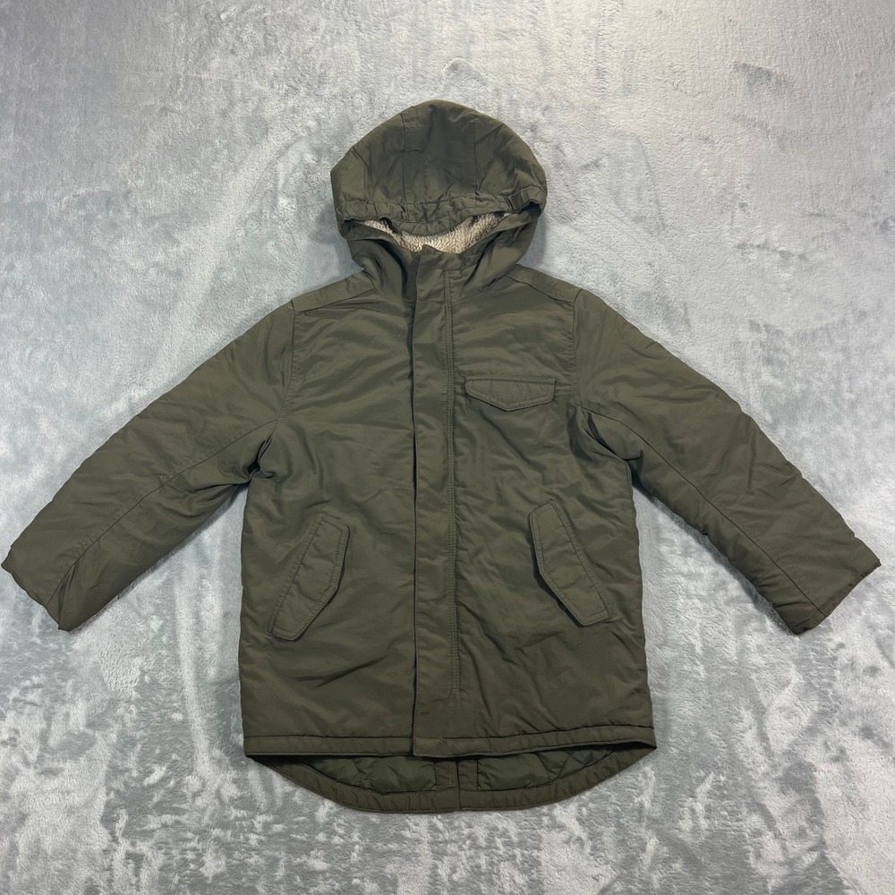 Lands End Kids Insulated Parka Jacket Size L 7 Olive Green Sherpa Hooded Utility
